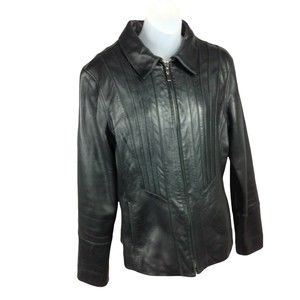 Jones New York Leather Biker Jacket Womens M Soft Black Full Zip Slimming